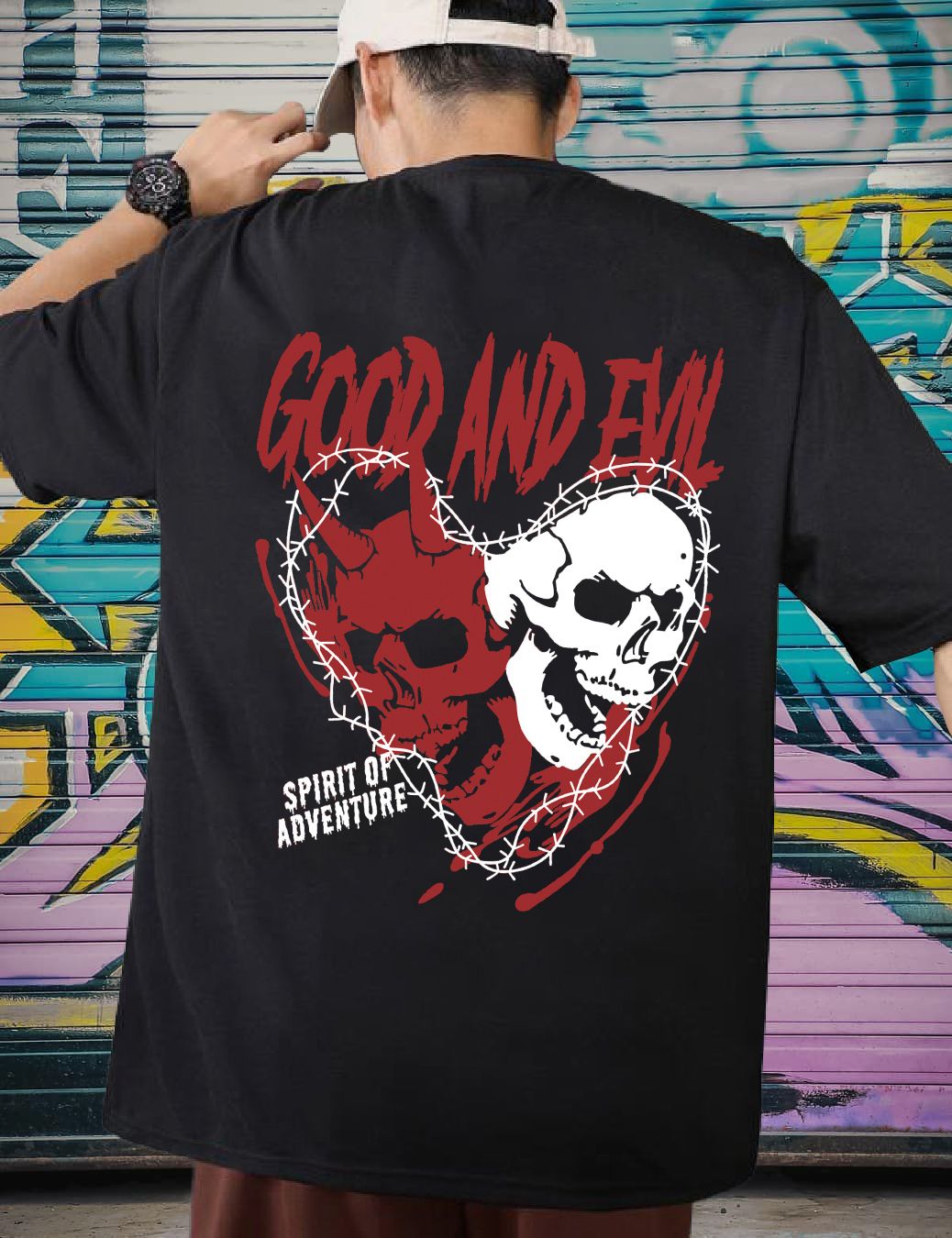 SCOTT FINCHER Men's Good and Evil Skull Graphic Tee - Spirit of Adventure : AA(ARN)BLACK_303