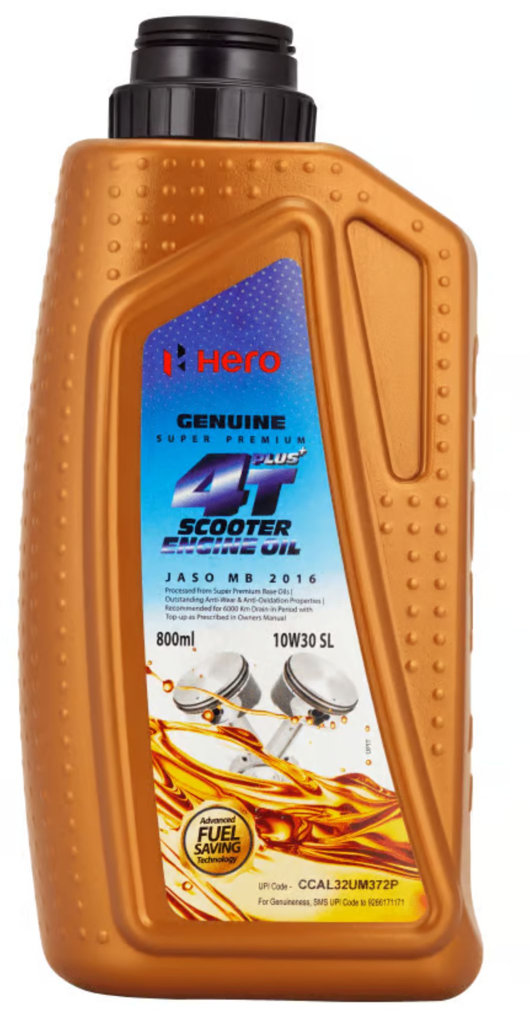 Hero Genuine 4T Plus 10W-30 Synthetic Engine Oil for Scooters ( 800 ml) | API SL and JASO MB Certified | Advanced fuel saving technology| Specially formulated for Hero Scooters