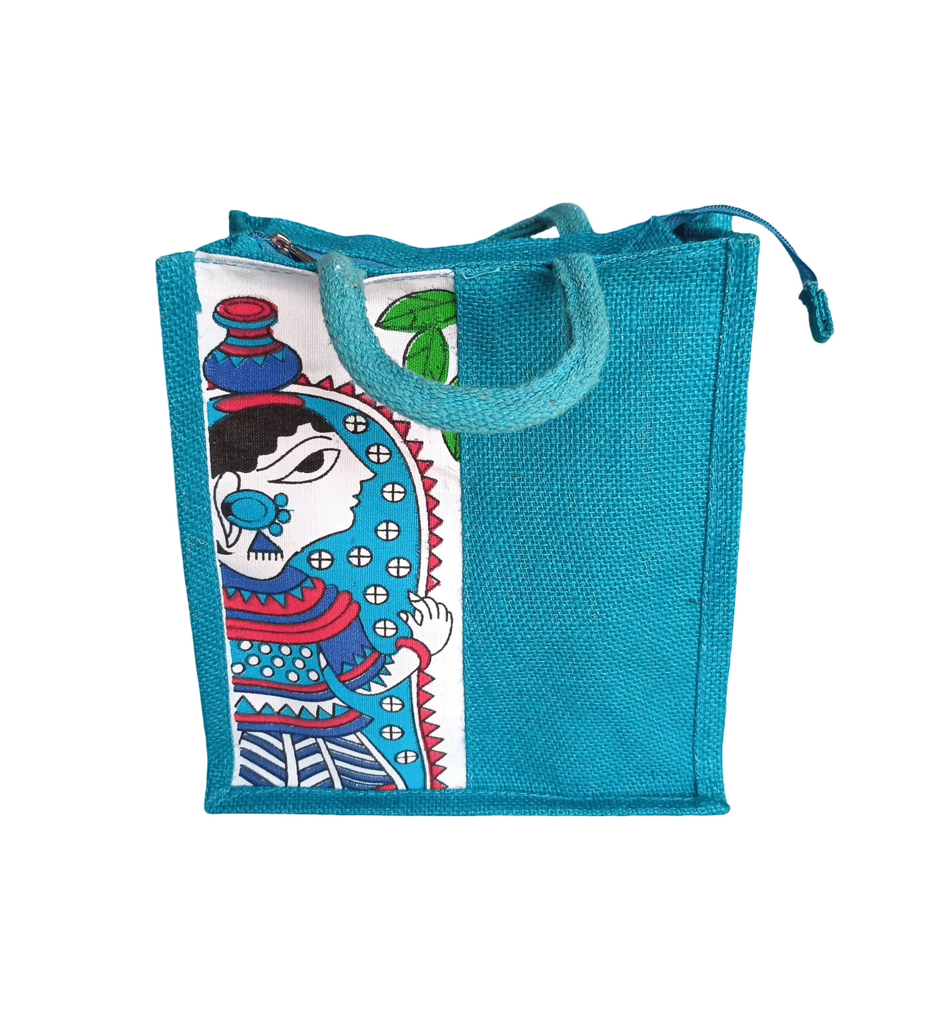 Teal Jute Tote Bag with Zipper Closure