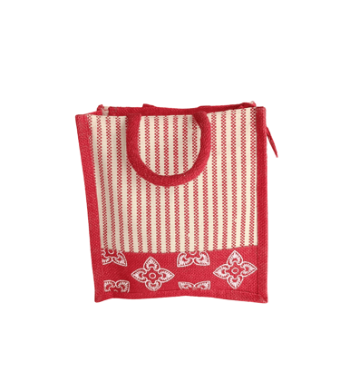 Red & White Striped Jute Tote Bag with Embroidered Floral Accents