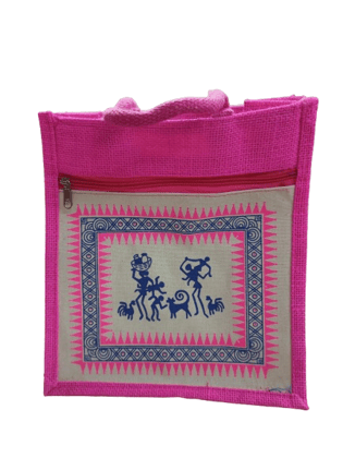 Pink Jute Tote Bag with Tribal Art and Zipper