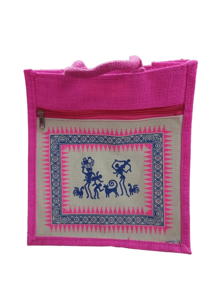 Pink Jute Tote Bag with Tribal Art and Zipper