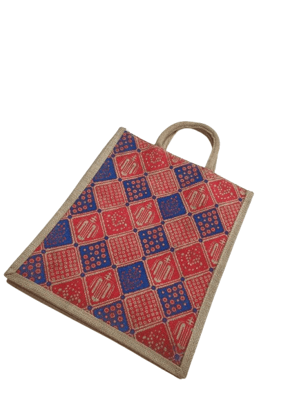 Handcrafted Jute Tote Bag - Red & Blue Geometric Pattern