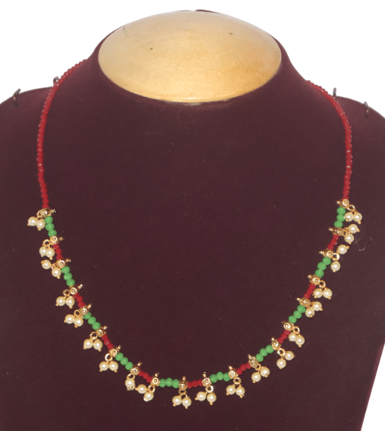 Elegant Red & Green Beaded Pearl Necklace - Statement Jewelry