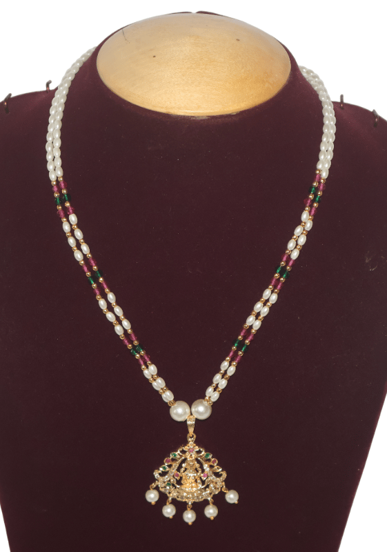 Elegant Pearl Necklace with Ruby, Emerald & CZ Pendant