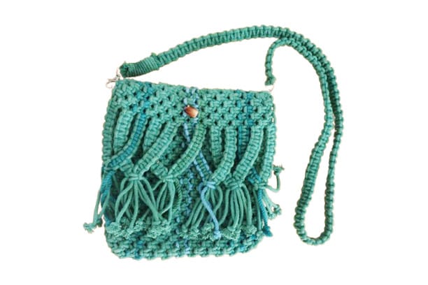 Handmade Teal Macrame Crossbody Bag with Fringe Detailing
