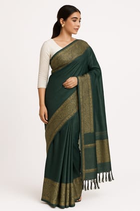 Dark Green Tussar Silk Saree with Golden Border
