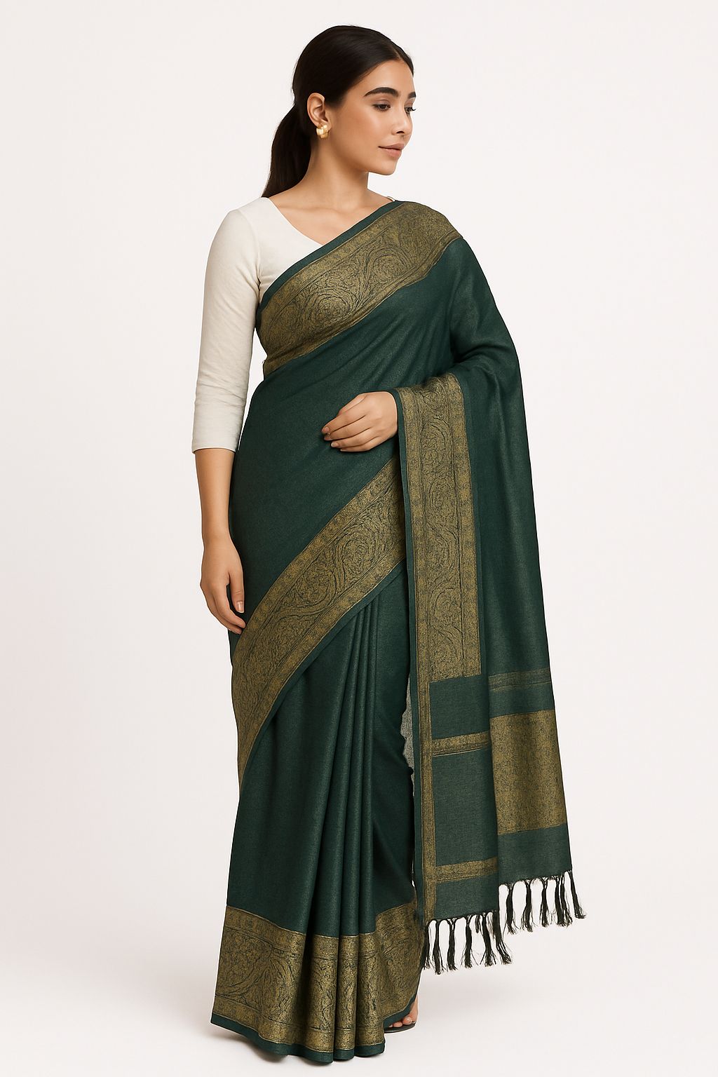 Dark Green Tussar Silk Saree with Golden Border