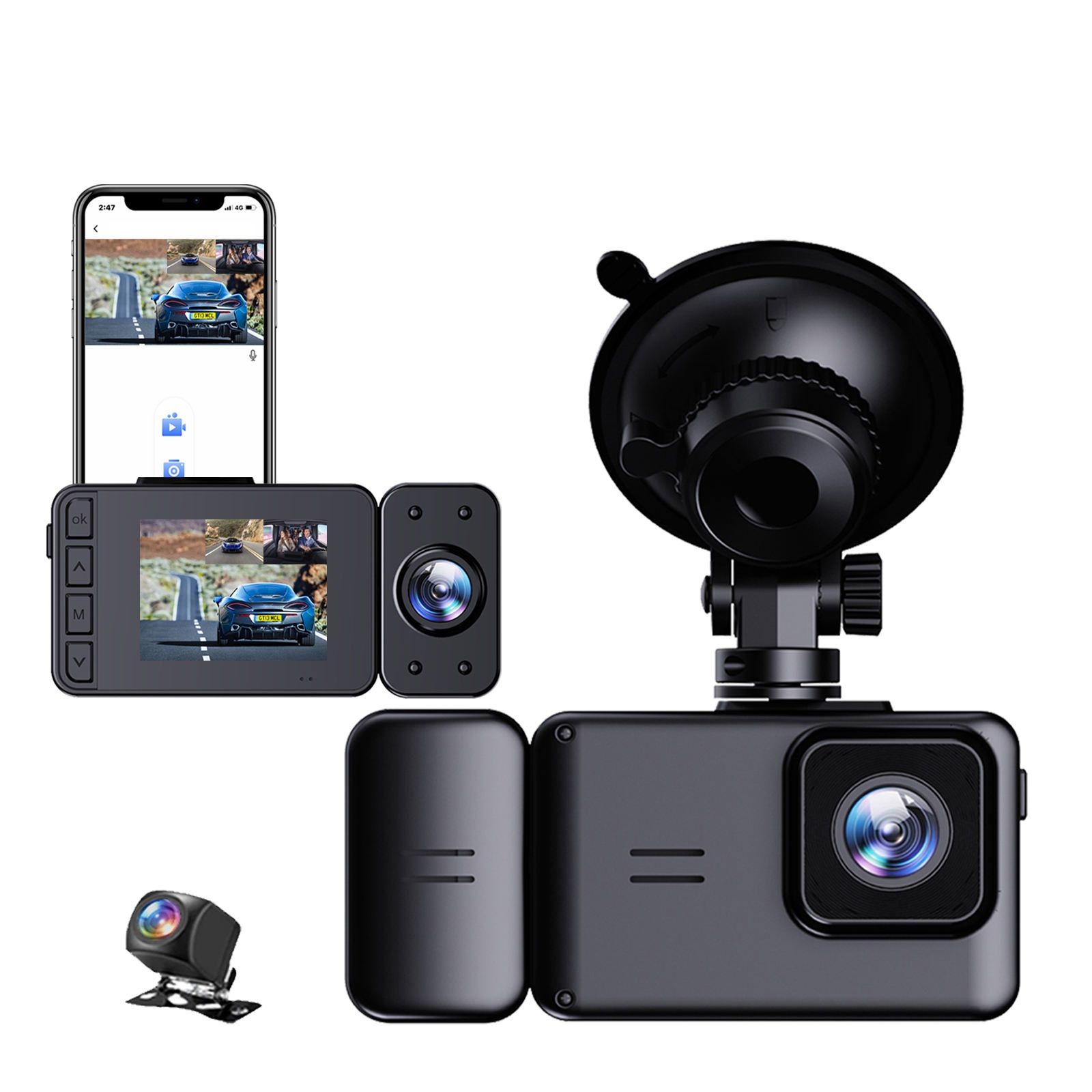 AUSHA 3-Channel 2.5K Dash Cam | Front, Rear & Interior Cameras with Night Vision & App Control