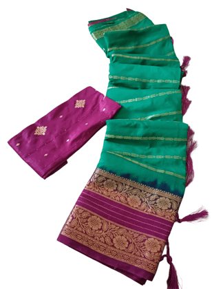 Green & Purple Silk Saree with Floral Border