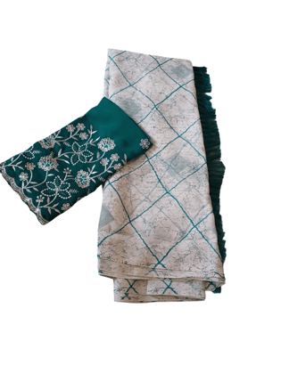 Ivory Saree with Turquoise Grid & Emerald Embroidered Blouse Piece