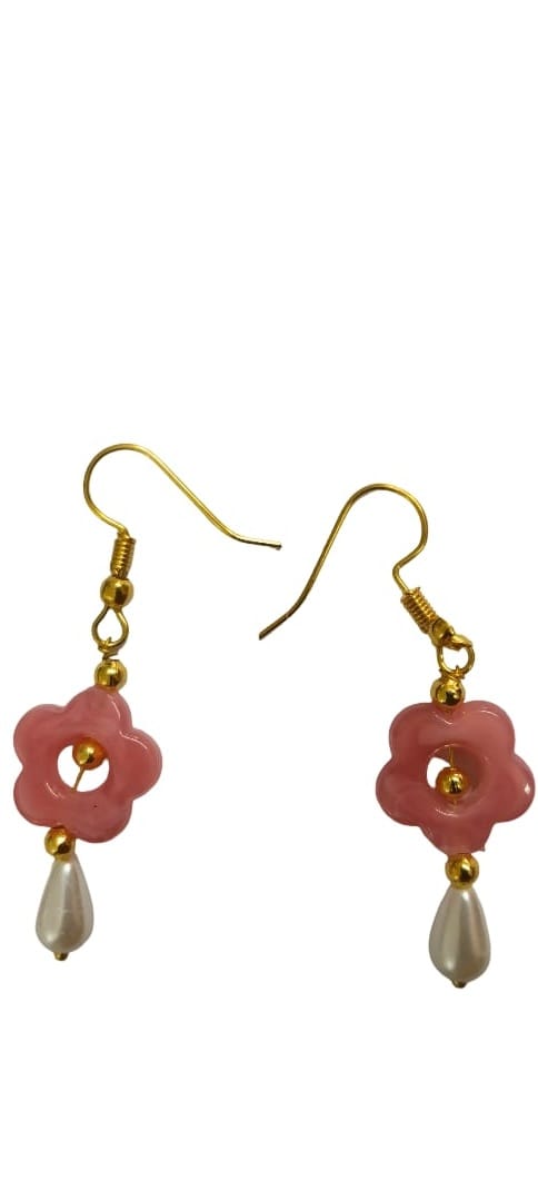 Pink Flower and Pearl Drop Earrings