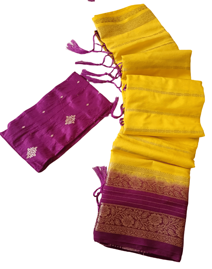 Yellow and Purple Saree with Golden Border and Blouse Piece