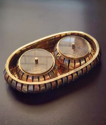 Decorative Brass Tricolor Serving Set with Oval Tray and 2 Jars Decorative Brass Tricolor Serving Set with Oval Tray and 2 Jars