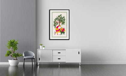 WARLI DEER WALLART 16in X 24in WITH BLACK FRAME