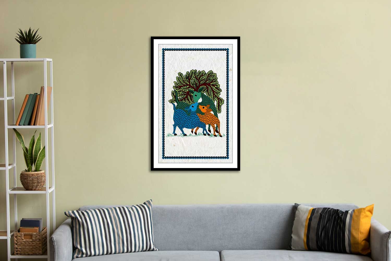 TRIBAL ART FRAMED PAINTING 16in X 24in WITH BLACK FRAME