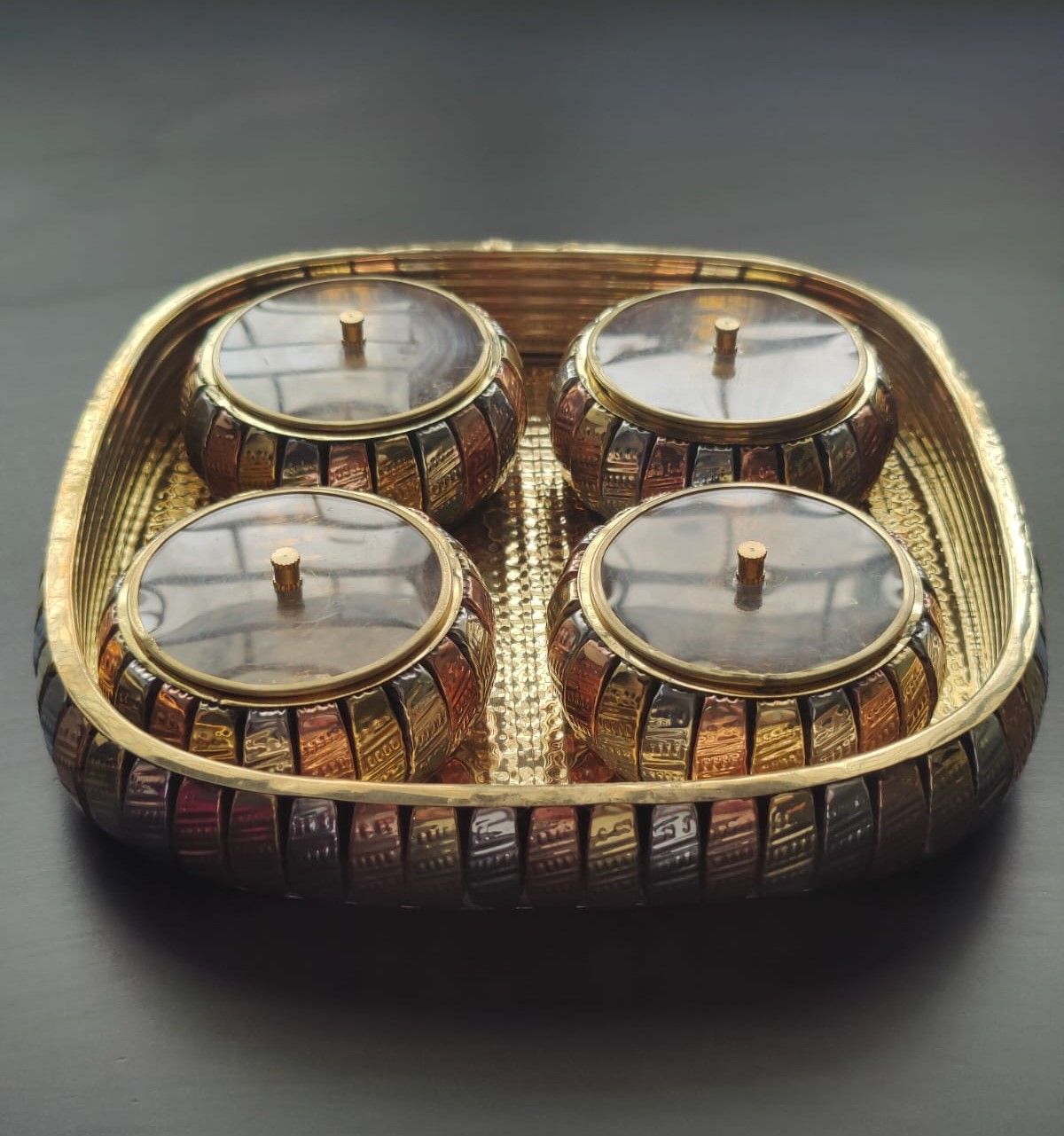 Brass Mukhwas Set - A multipurpose decorative serving tray (Multicolor) by BulkySanta