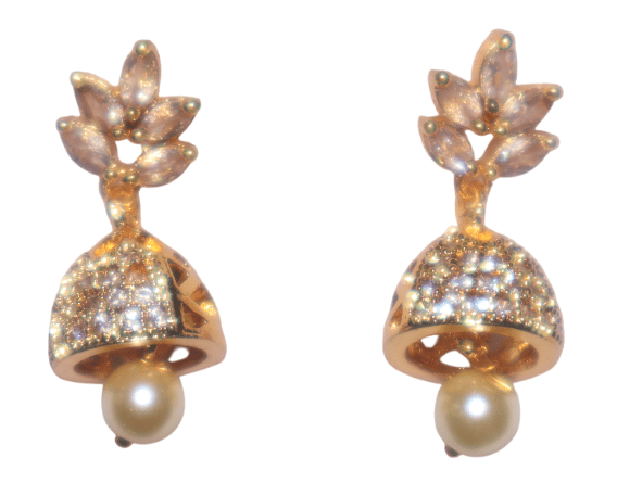 Gold Jhumka Earrings with Pearl Drop & Sparkling Stones