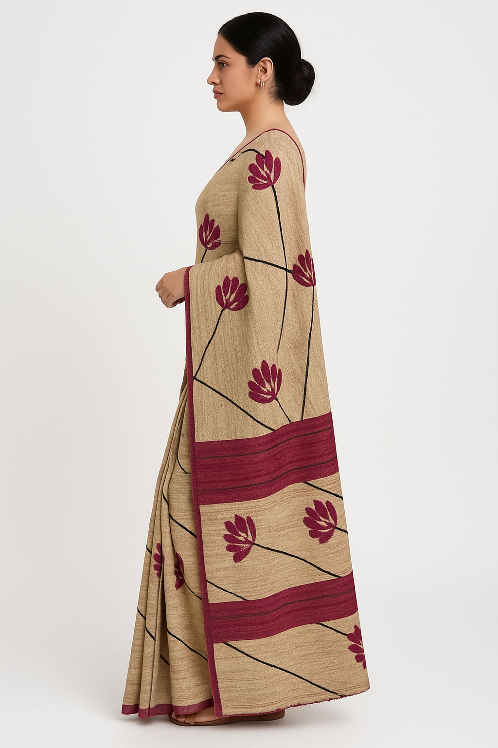 Bhagaiya Bloom Tussar Silk Saree – Natural Beige with Wine Floral Accents