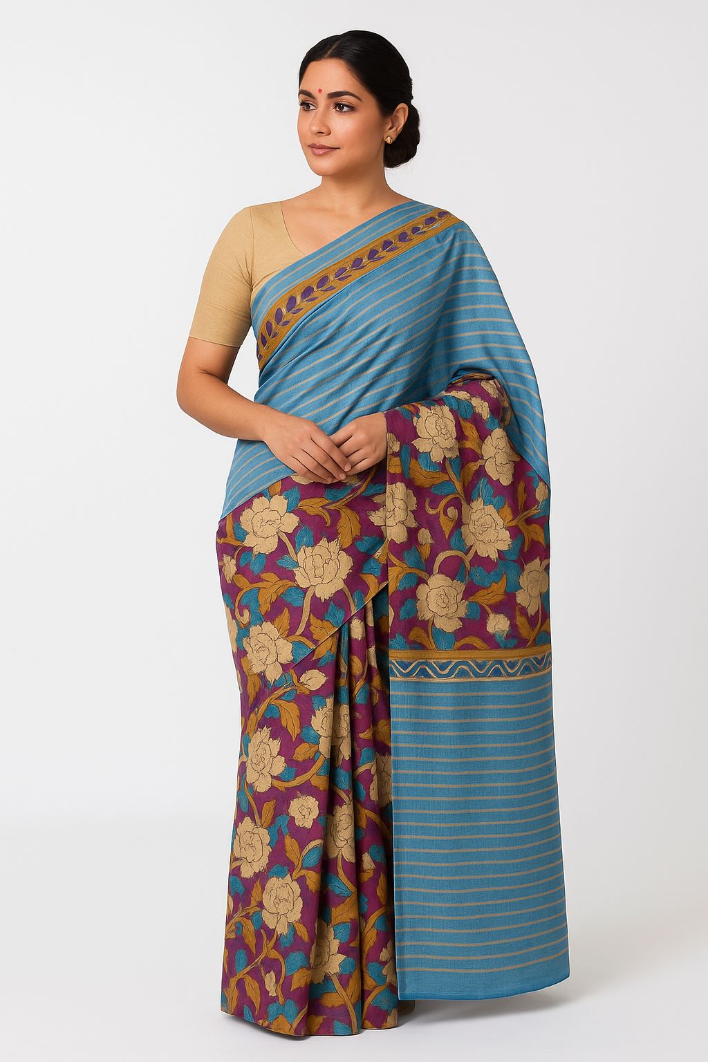 Turquoise Blossom Striped Floral- Tussar silk saree Saree