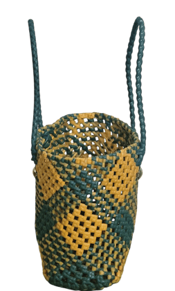 Handmade Multi-Purpose Plastic Wire Basket – Small Size | Blue & Yellow | Decorative Koodai with Attractive Design Pattern