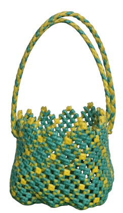 Handmade Multi-Purpose Plastic Wire Basket – Small Size | Sky Blue & Yellow | Decorative Koodai with Attractive Design Pattern