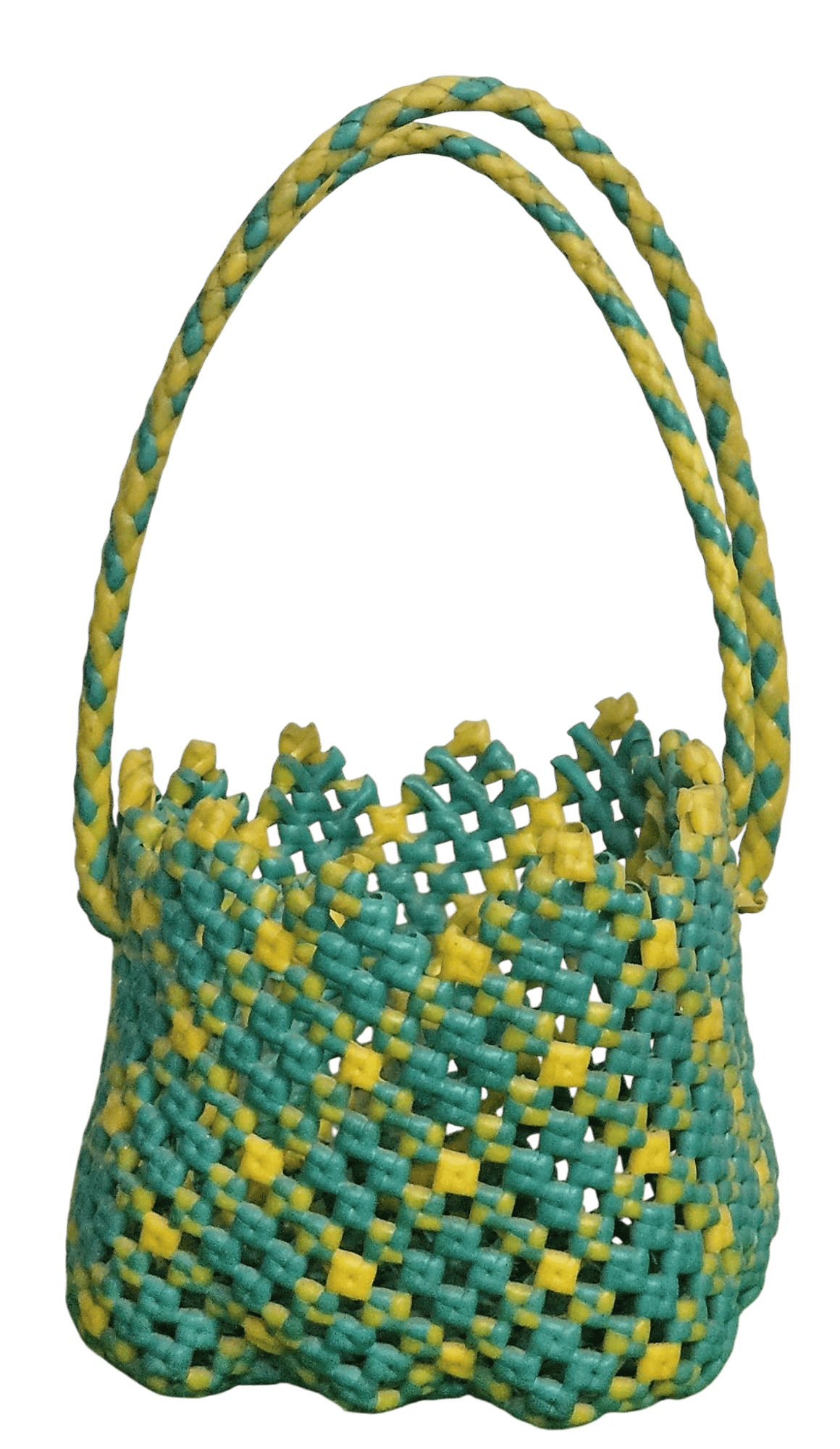 Handmade Multi-Purpose Plastic Wire Basket – Small Size | Sky Blue & Yellow | Decorative Koodai with Attractive Design Pattern
