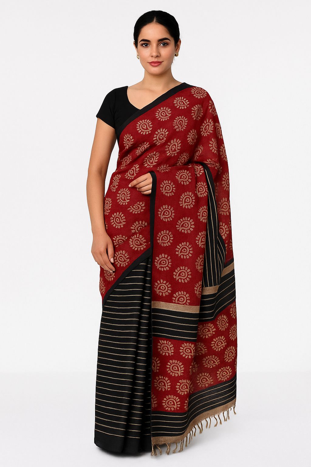 Black & Red Tussar Silk Saree with Stripes and Traditional Motifs