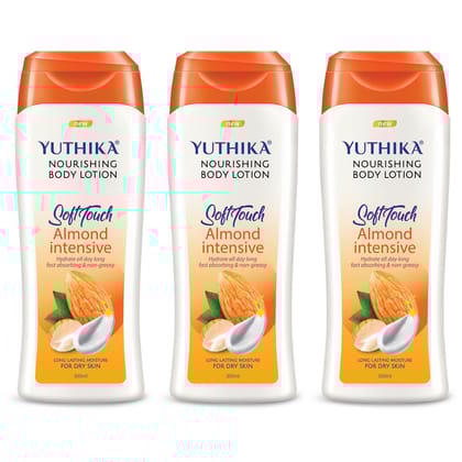 Yuthika Almond Body Lotion for Dry Skin 300ml Pack of 3, Non-Greasy Fast Absorbing & Long Lasting Nourishing Body Lotion