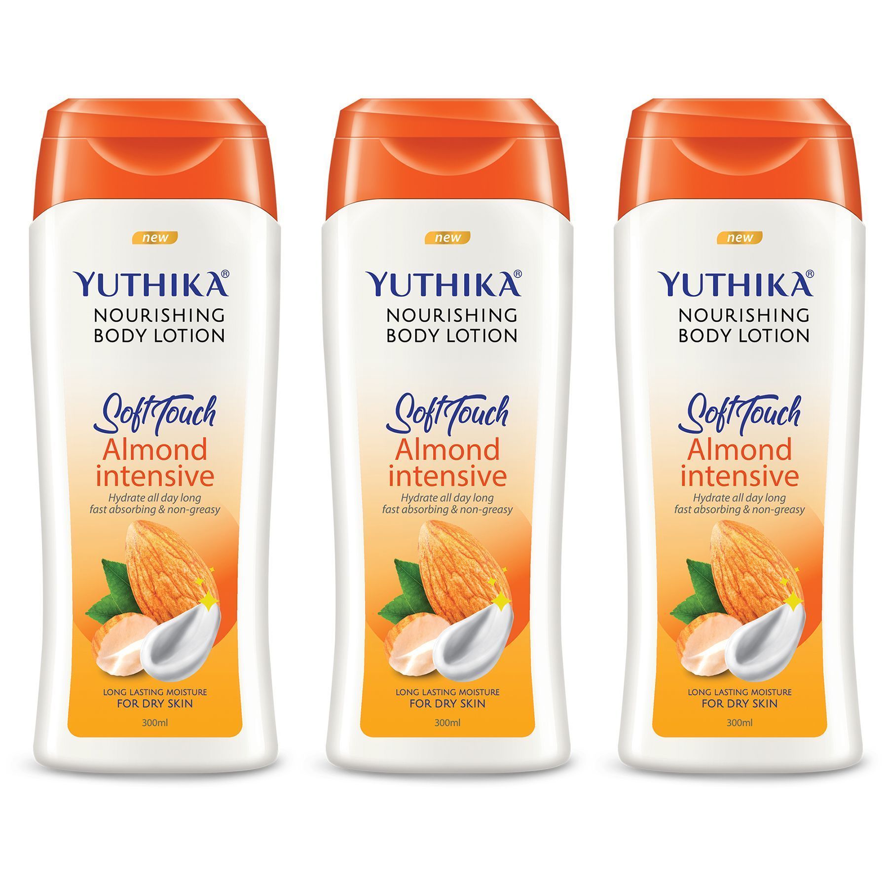 Yuthika Almond Body Lotion for Dry Skin 300ml Pack of 3, Non-Greasy Fast Absorbing & Long Lasting Nourishing Body Lotion