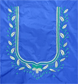 Embroidered Blue Blouse Piece with Floral & Leaf Design