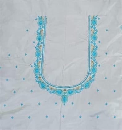 White Fabric with Intricate Blue & Gold Embroidered Neckline