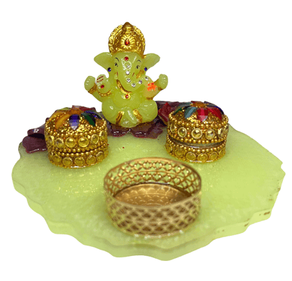 Golden Resin Ganesha Idol Set with Decorative Boxes and Tea Light Holder