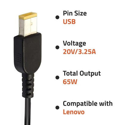 Artis AR0506 65Watt Laptop Charger/Adapter Compatible with Lenovo Laptops (20V/3.25A, 65Watt) (USB Pin) (BIS Certified Artis AR0506 65Watt Laptop Charger/Adapter Compatible with Lenovo Laptops (20V/3.25A, 65Watt) (USB Pin) (BIS Certified