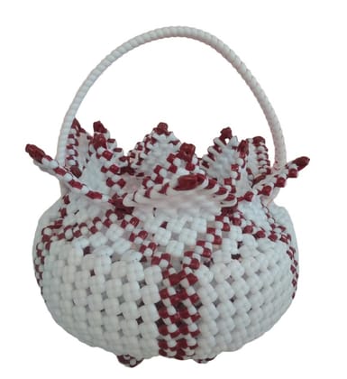 Handcrafted Woven Basket Handbag with White and Maroon Design