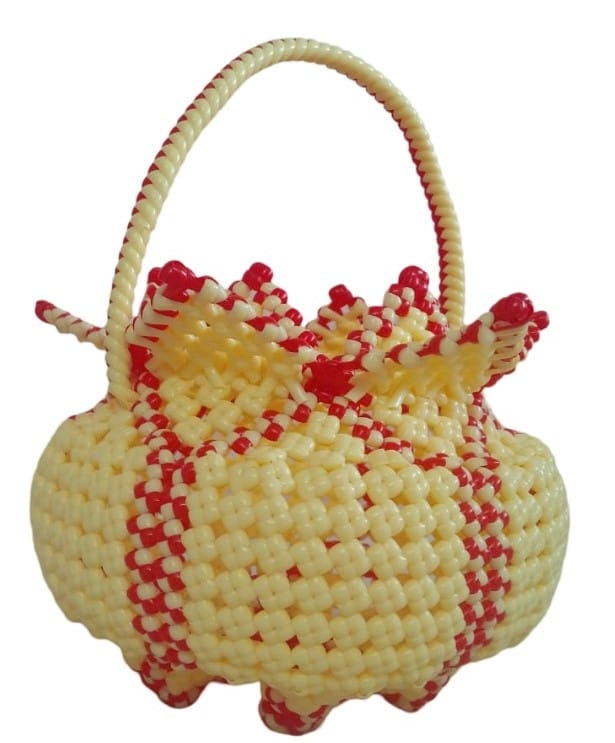 Handcrafted Beaded Cream & Red Basket with Handle