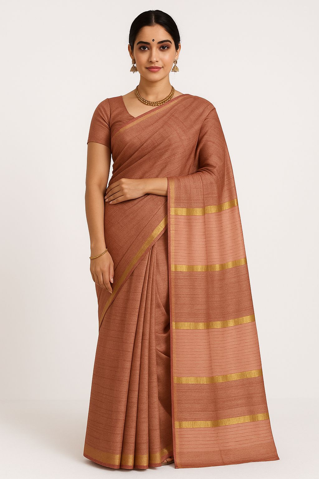 Rose Gold Tussar Silk Saree with Golden Zari Stripes