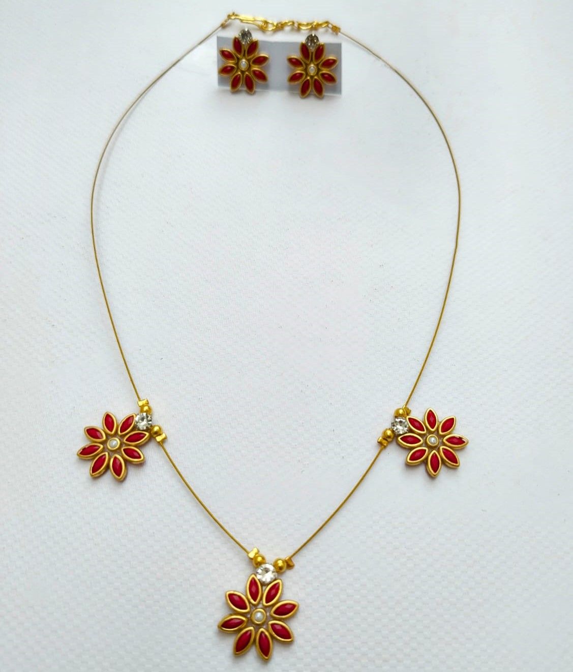 Floral Red Stone Necklace and Earrings Set (Red)