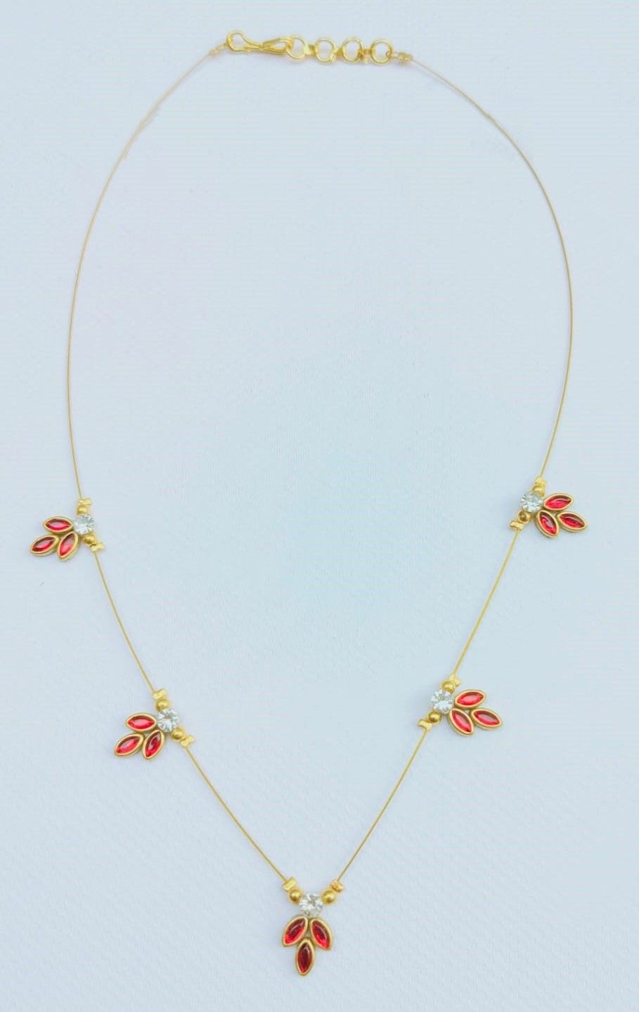 stone and Gold Leaf Necklace with Diamond Accents(Red)