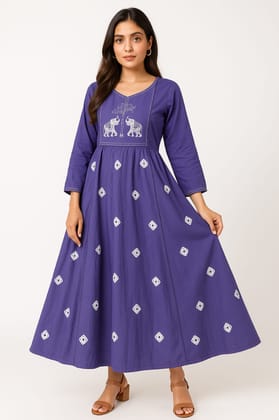 Women's Purple Flared Cotton Kurta with Embroidered Motifs Women's Purple Flared Cotton Kurta with Embroidered Motifs