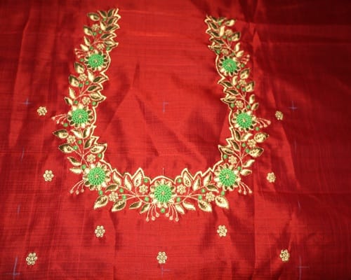 Red Silk Blouse Piece with Embroidered Floral Design