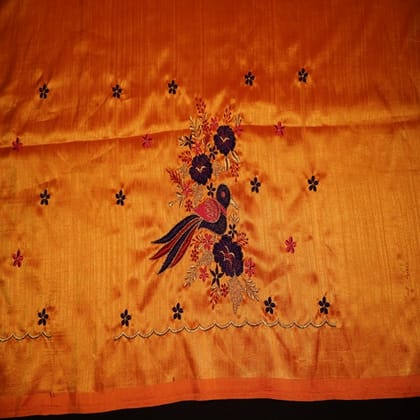 Golden Yellow Silk Saree with Bird Embroidery