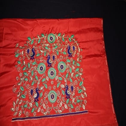 Embroidered Red Fabric with Peacock Motif for Garments