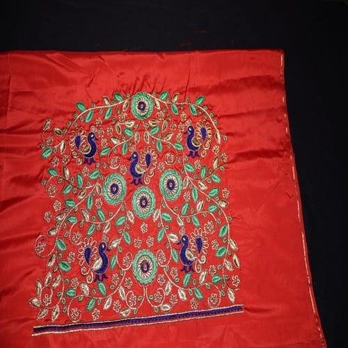 Embroidered Red Fabric with Peacock Motif for Garments