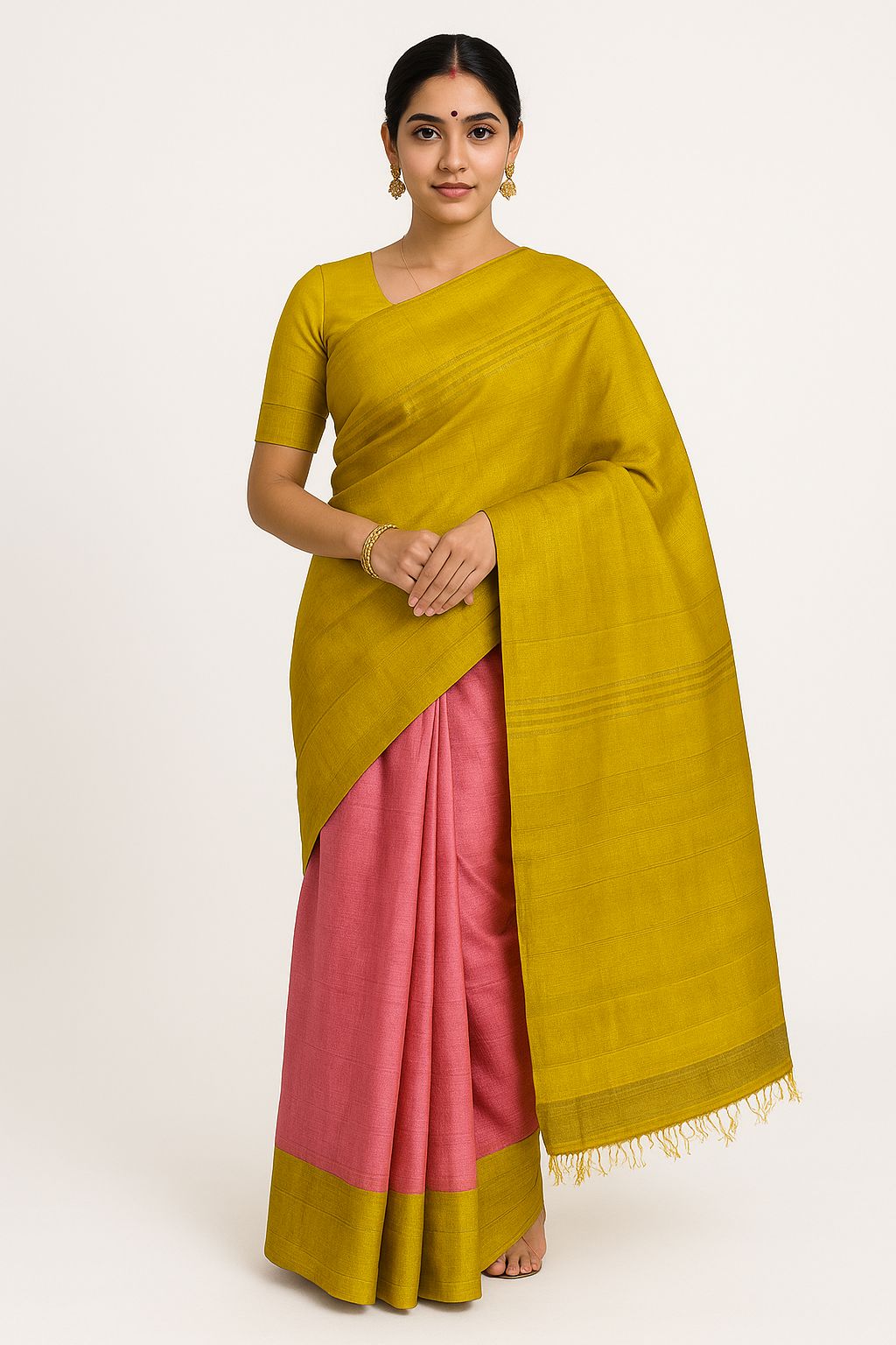 Mustard Yellow & Blush Pink Tussar Silk Saree - Contemporary Elegance