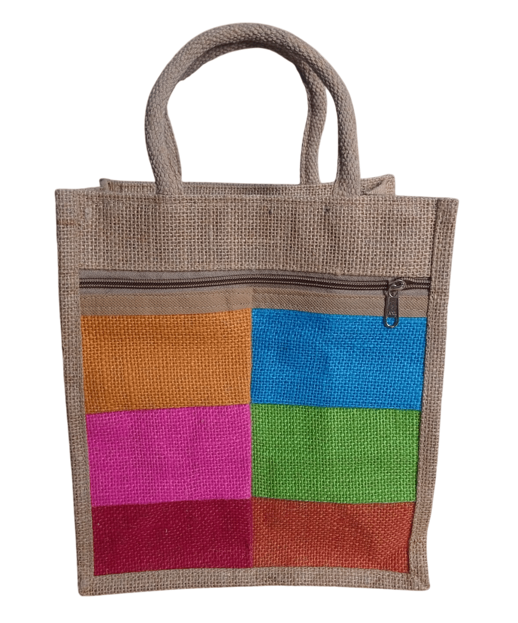 Eco-Friendly Jute Tote Bag with Colorful Patchwork Design