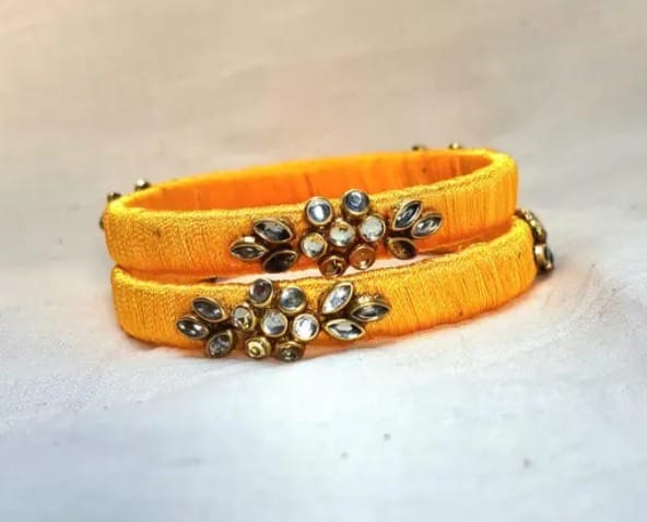 Combo of 2 Yellow Silk Thread Bangles with Kundan Stone for Women