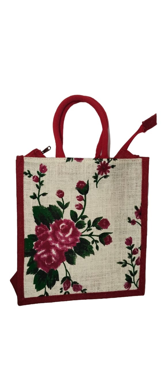 Floral Jute Tote Bag - Eco-Friendly Shopping Bag