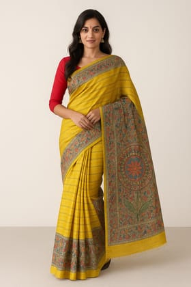 Elegant Mustard Yellow Bhagalpuri Silk Saree with Printed Floral Pallu & Border Elegant Mustard Yellow Bhagalpuri Silk Saree with Printed Floral Pallu & Border