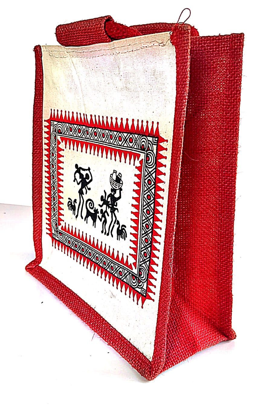 Handcrafted Jute Tote Bag with Tribal Art
